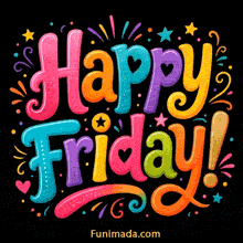 Thick multicolored Happy Friday text features smooth gradient fills and playful heart details as small stars swirls and dots create a lively weekend scene on dark background