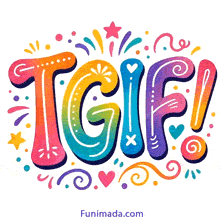 Vibrant bubble style TGIF message in layered rainbow tones glows among scattered stars hearts and light bursts forming a fun and energetic Friday design