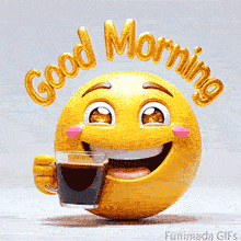 A bright and positive animation featuring a 3D emoji character energized by coffee, It has a wide grin and twinkling eyes, perfectly capturing a 'Good Morning' vibe.