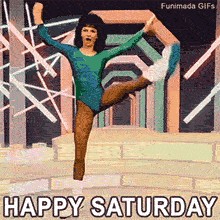 A retro aerobics instructor in a bright blue and green bodysuit and white leg warmers does a high kick. The scene features vintage neon staging and bold 'HAPPY SATURDAY' lettering.