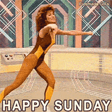 Funny retro workout scene showing a woman enthusiastically punching the air. She wears classic 80s fitness gear against a colorful, neon-lit background with 'HAPPY SUNDAY' text at the bottom.
