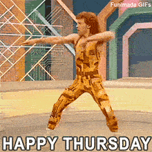 Funny vintage workout scene showing a man enthusiastically stretching his arms out wide. He wears classic 80s fitness gear against a colorful background with 'HAPPY THURSDAY' text.