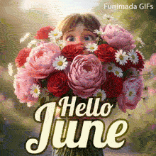 A cute little child with big blue eyes peeking excitedly over a giant bouquet of pink peonies, red roses, and white daisies. Warm sunlight glows behind the text Hello June.