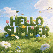 3D letters made of green grass spell HELLO SUMMER in a sunny meadow. Colorful daisies and pink tulips grow around the text while butterflies fly under a blue sky with clouds.