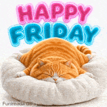 An adorable chubby orange tabby cat lies flat on its stomach, sleeping peacefully on a large puffy white round cushion under a glowing pink and blue Happy Friday title.