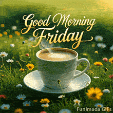 Animated GIF of a steaming cup of coffee in a white cup on a meadow with daisies, accompanied by glowing golden script reading 'Good Morning Friday.'