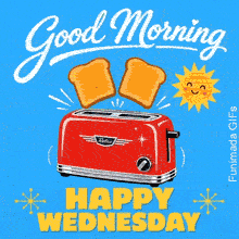 Charming graphic of a classic red toaster, decorated with bold yellow block letters wishing a Happy Wednesday and flanked by mid-century starbursts.