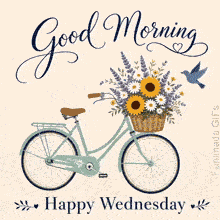 Cozy morning card on a cream background, showing a rustic bicycle basket of wildflowers under an elegant navy cursive Good Morning calligraphy script.