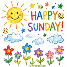 Cheerful yellow sun with closed smiling eyes and pink cheeks shines above colorful HAPPY SUNDAY lettering while blue clouds stars small smileys and a row of red blue purple pink flowers fill the white background