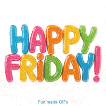 Animated glossy text spelling Happy Friday! in a bubbly, multi-colored balloon font. The blue, pink, orange, and green letters gently bob up and down against a clean white backdrop.