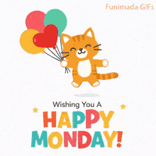 Flat vector illustration on a white background showing a happy ginger kitten floating up holding colorful party balloons. At the bottom, bright multicolored letters spell out HAPPY MONDAY!