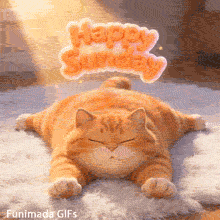 A very fat, fluffy orange tabby cat lies flat on its stomach with paws stretched out on a soft white rug. Warm sunbeams hit the cat. Above, 3D orange text says Happy Sunday.