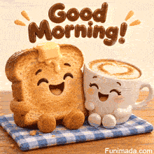 Playful toast with dripping butter and a smiling coffee cup featuring foam art frame the prominent Good Morning message on a checkered cloth