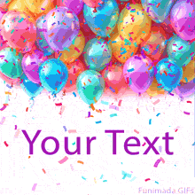Animated GIF with colorful balloons and falling confetti framing an open white space. A festive, editable template perfect for celebratory messages.
