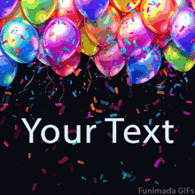 Animated GIF of vibrant, colorful balloons and falling confetti against a dark black background. An editable template for festive party messages.