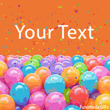 Animated GIF of colorful bouncing balls covered in star confetti on a bright orange background. A fun, editable template for happy messages.