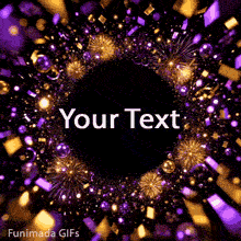 Highly festive 3D animated greeting card template designed for custom text, framed by a continuous, explosive vortex of purple and gold party elements.