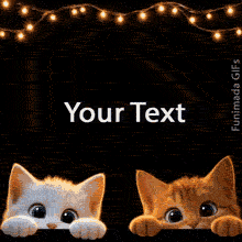 Cute animated greeting card template designed for custom text, beautifully framed by festive glowing lights above and two curious, peeking cats below.