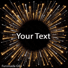 Editable celebration template showing a symmetrical fireworks explosion, with bright golden and white sparks radiating outward against a dark background.