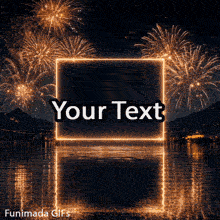 Looping GIF of gold-colored fireworks over a quiet harbor at night with mountains, featuring a central neon square outline for custom text.
