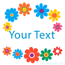 Animated loop of bright, cartoon-style flowers in orange, blue, pink, yellow, and green forming a half-circle frame on the top and bottom, surrounding an empty white center.