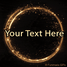 A shimmering golden circle sparkles gently against a dark background, creating a luxurious frame with glowing particles around a central area for personalized text.