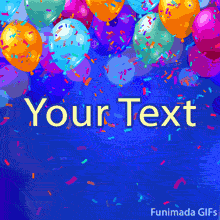 Bright party animation with glossy balloons and falling confetti scattered across a blue textured background, designed as an editable template for joyful greetings.
