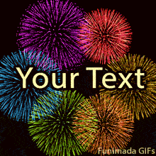 Animated background with bright fireworks in purple, red, blue, yellow, orange, and green bursting in circular patterns over a dark sky, forming a vibrant celebration scene.