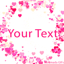 Floating hearts in light and dark pink tones animate in a circular motion around the edges, forming a soft and romantic frame on a white background for editable text.