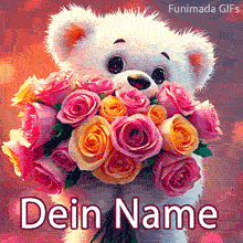 Customizable animated GIF featuring a fluffy white teddy bear with big, sweet eyes holding a massive bouquet of pink, peach, and yellow roses.