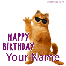 Customizable animated GIF showing a fluffy orange cat wearing black sunglasses, standing on its hind legs and dancing, next to purple Happy Birthday text.