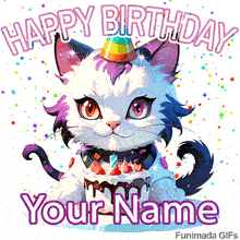 An adorable white cartoon cat with purple fur highlights and a rainbow party hat, sitting behind a small chocolate drip cake with a lit candle and colorful star confetti.