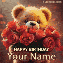 Editable greeting template showing an adorable plush bear offering beautiful red roses against a warm, softly glowing background.