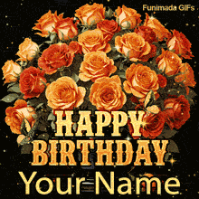 Elegant animated template showing a large, vintage-style golden text overlaid on a vase of flowers with yellow butterflies. The bottom features a space for a custom name.