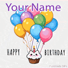 Adorable digital greeting card design featuring a happy cupcake with rosy cheeks and a massive cluster of helium balloons. The top space is reserved for personalized text.