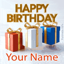 Professional digital birthday card design highlighting floating gifts with metallic bows, shining gold block letters, and a sleek modern aesthetic.