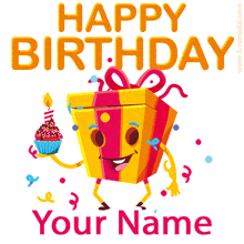 Fun, cartoon-style animated greeting card template designed for custom text, featuring a bright orange greeting above a dancing gift box character.