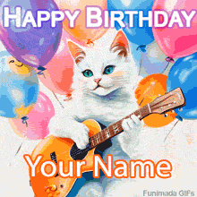 Editable birthday template showing a fluffy white feline strumming an orange guitar to play a birthday song, with Happy Birthday text at the top and space for a name below.