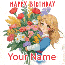 A cute anime-style birthday greeting showing a smiling girl carrying an oversized bunch of daisies, poppies, and green leaves. The bottom area is meant for custom text.