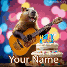 A giant, chill capybara strums an acoustic guitar next to a two-tiered frosted cake with a Happy Birthday candle topper, set against bright neon bokeh lights.