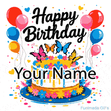 A brightly colored, illustrated birthday cake with rainbow dripping icing sits on a blue plate surrounded by flowers, while four vibrant butterflies rest on top.