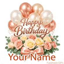 Editable GIF template featuring sophisticated, watercolor-style pink and peach roses, blue blossoms, and balloons.