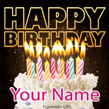 Editable birthday greeting template featuring a highly contrasting nighttime scene where candles illuminate a room, leaving a space across the white cake frosting for a custom name.