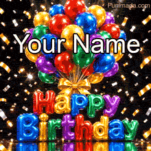 Festive  animated GIF template with a large cluster of colorful balloons tied with a gold bow above shiny rainbow foil Happy Birthday lettering, surrounded by confetti on a dark background