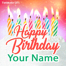 Customizable animated GIF featuring a white frosted birthday cake topped with ten colorful striped lit candles against a glowing pink, orange, and yellow starburst background.