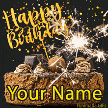 Luxurious chocolate cake decorated with whipped swirls, truffles, and sparklers, with golden star confetti and glittering 'Happy Birthday' text animated above.
