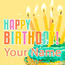 A festive cupcake with bright blue frosting and lit candles shines next to bold rainbow-colored “Happy Birthday” lettering, all glowing with sparkles on a warm yellow backdrop.
