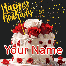A beautiful birthday cake decorated with red and white roses. Animated stars sparkle and fall behind a golden 'Happy Birthday' sign for a festive wish.