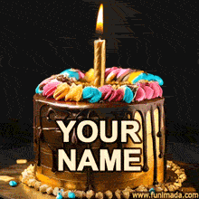 Elegant round cake with shiny chocolate drip, metallic gold base, and multicolored frosting accents around a glowing candle, set on a black background for dramatic effect.