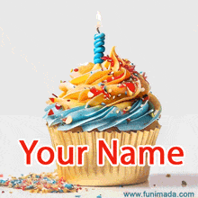 A golden cupcake with colorful icing and one burning candle animates gently, with vibrant sprinkles and scattered crumbs adding a playful touch to the white background.